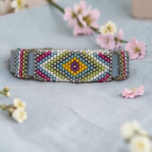 Leather Hand Beaded Bracelet Spring Colors